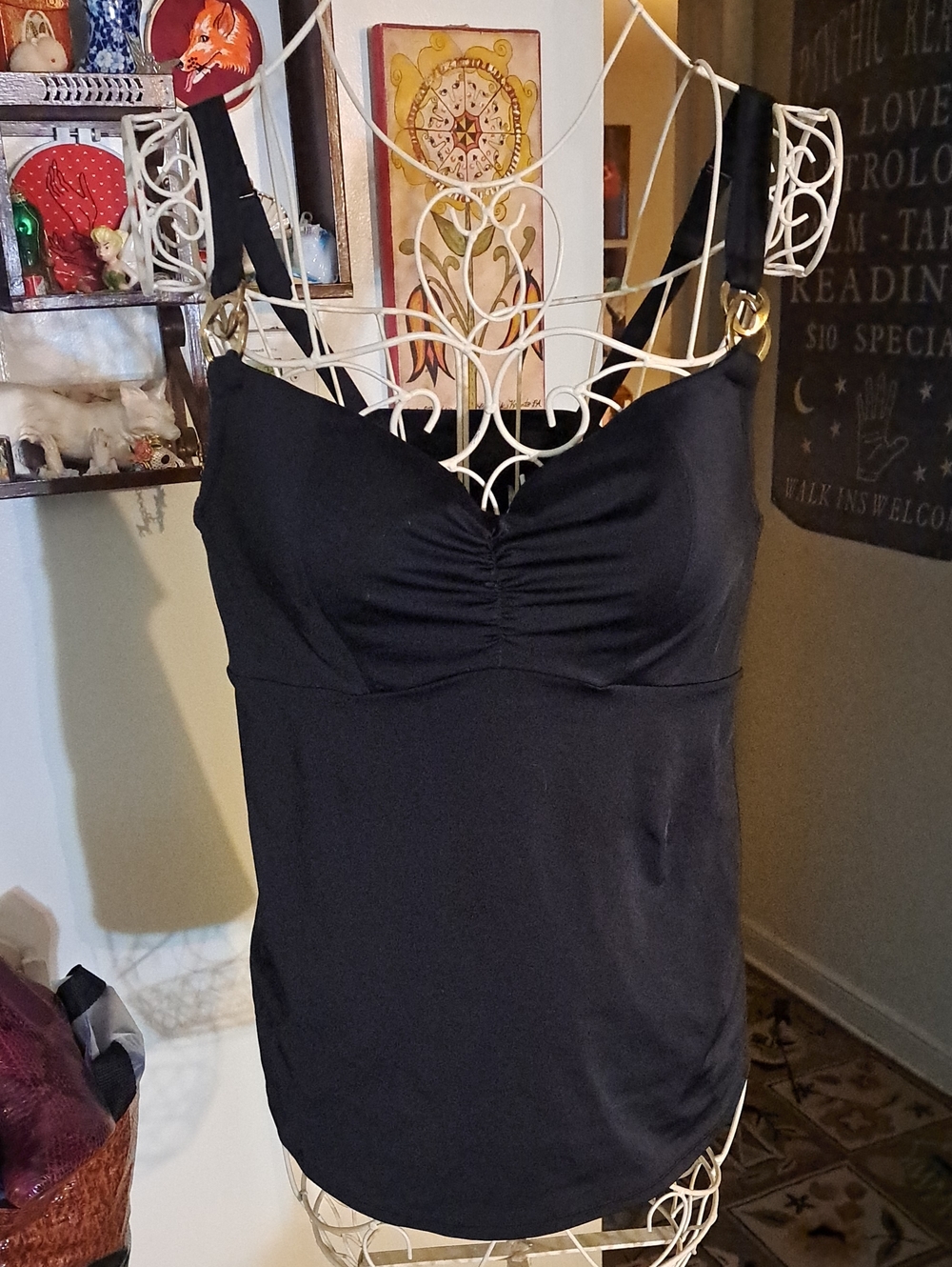Cacique Black Swim Tank Top with Gold Ring Straps, Sz 38 DD